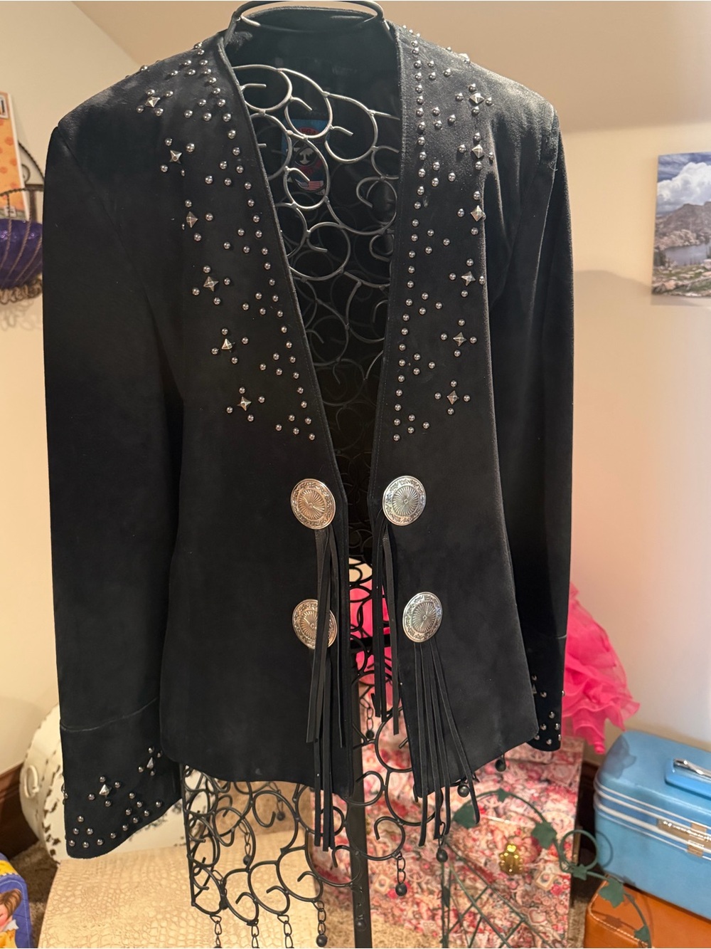 Western-Style Fringe Studded Black Suede Jacket - Picture 14 of 14